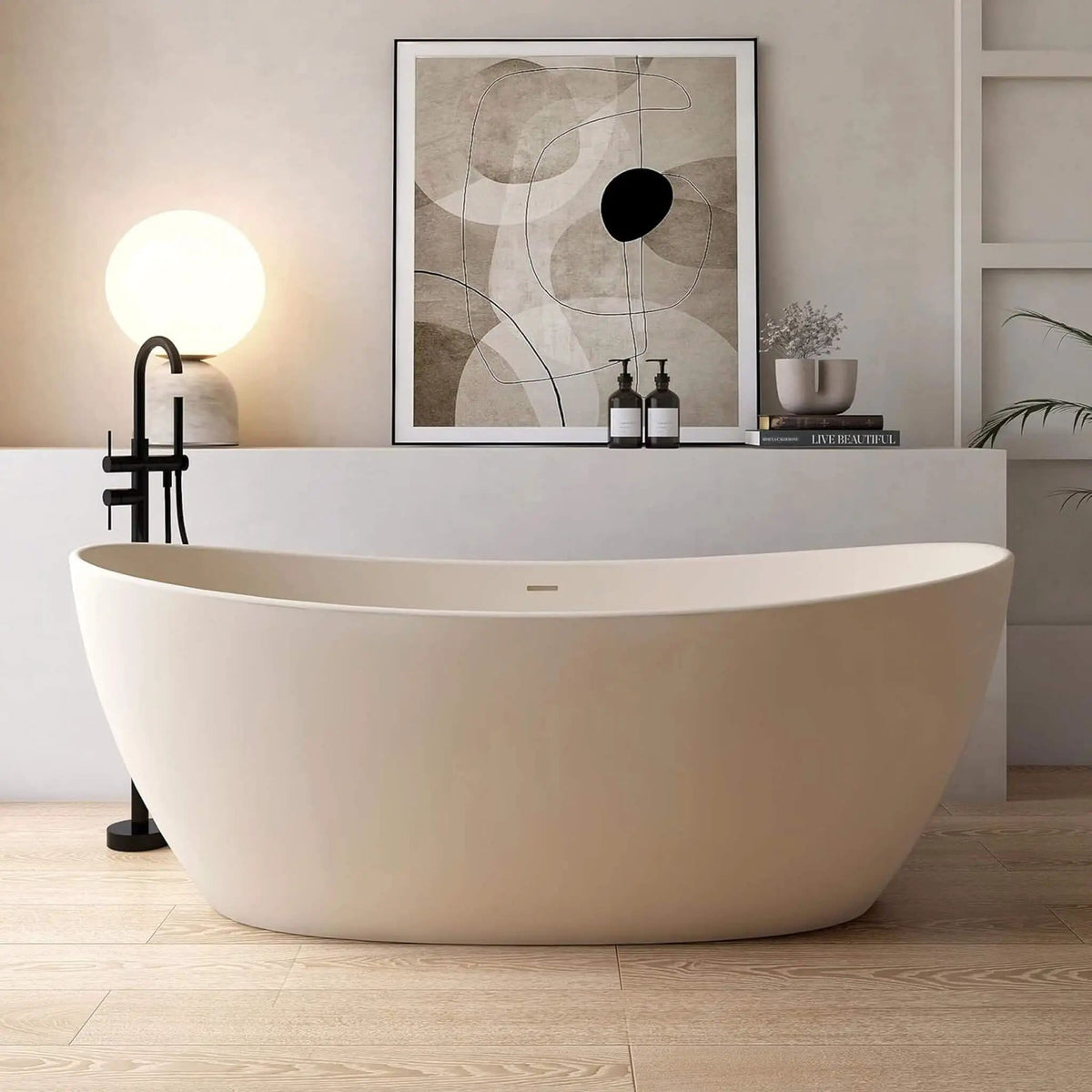 Freestanding Modern Oval Stone Resin Soaking Tub With Overflow Drain (Style 2) | Stone | Bathtub | Bathroom