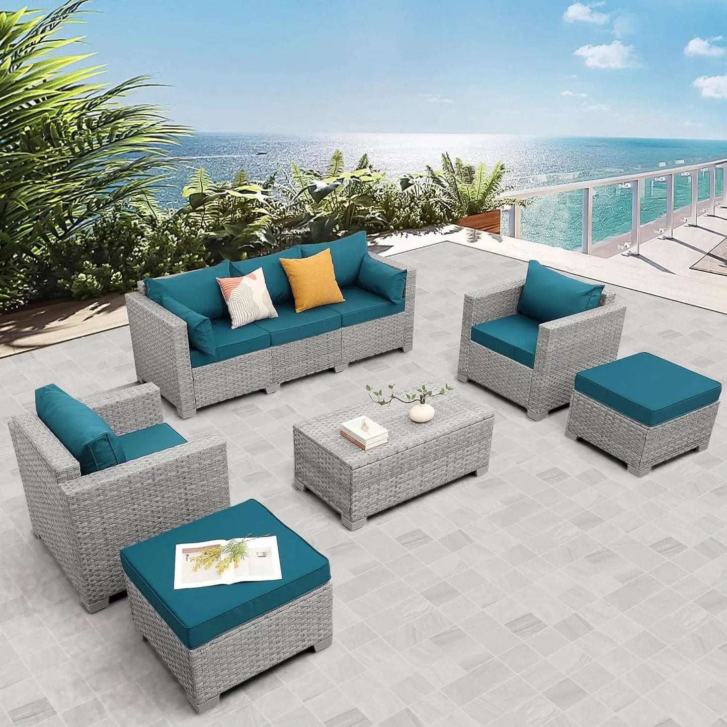 Patio Furniture Set 6 Piece Outdoor Grey Wicker With Peacock Blue Cushions from PriceLows™