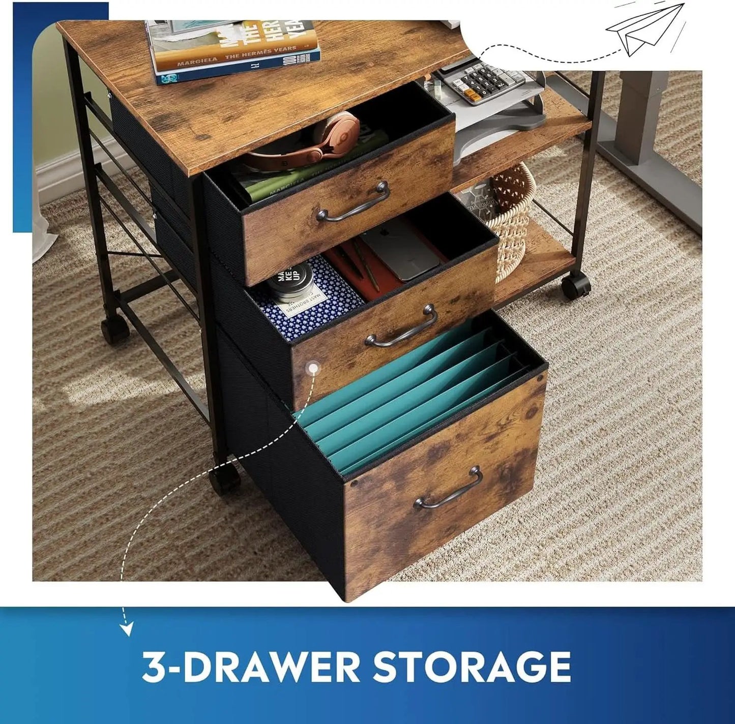 3 Drawer Mobile File Cabinet Fits A4 Or Letter Size With Rolling Printer Stand Rustic Brown Wood Grain from PriceLows™