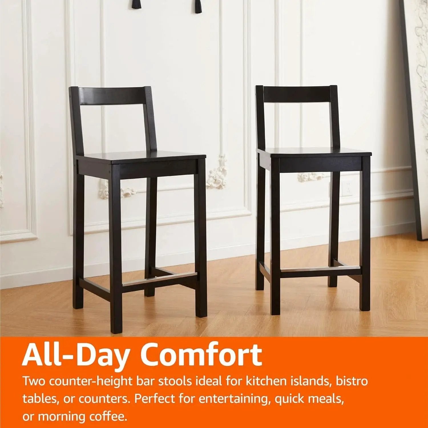 Black Wooden Bar Stools With Backrests Counter Height Set Of 2 from PriceLows™
