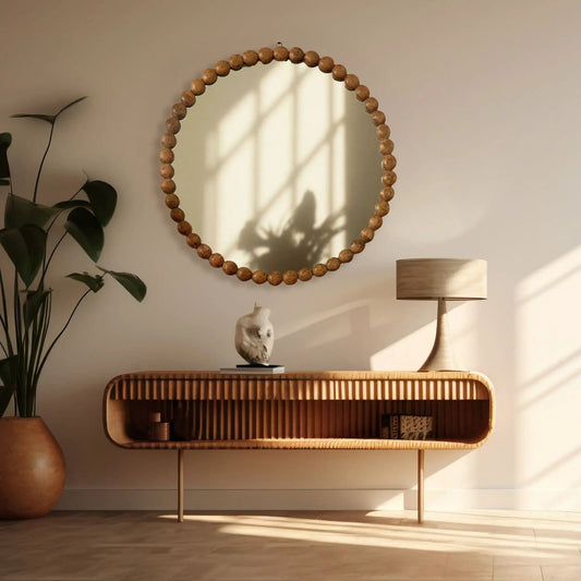 Decorative Round Hanging Wall Mirror With Bead Design Frame - | 32 x 1.5 x 32 in | Mango Wood | Natural
