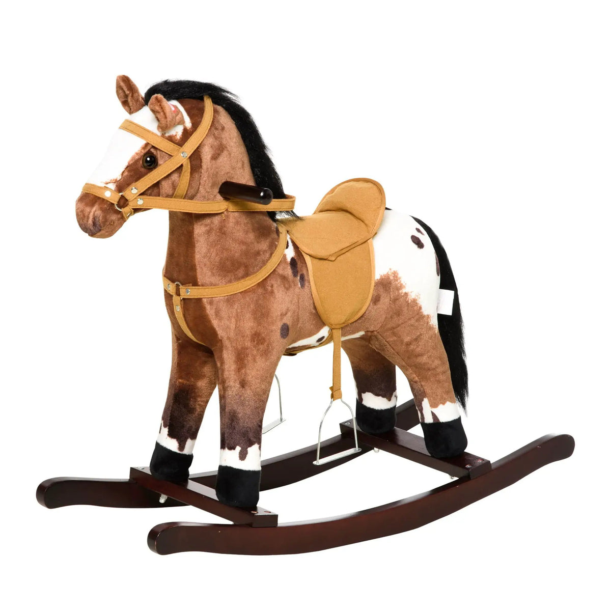 Qaba Plush Ride-On Rocking Horse | Kids Metal Frame | Realistic Sounds | Dark Brown And White