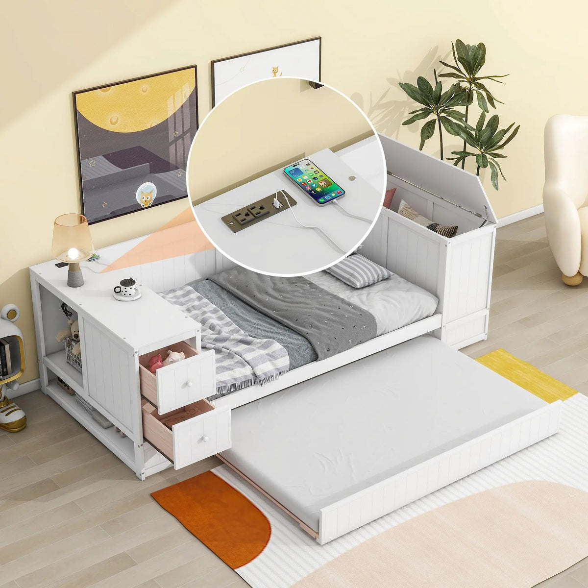 Daybed | Solid Pine Frame | Pull Out Trundle | Integrated Charging