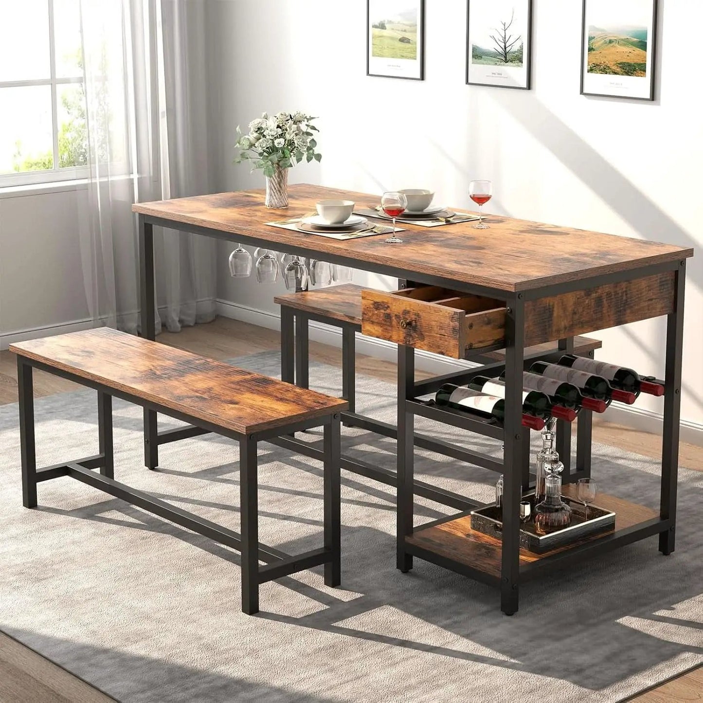 Rustic Dining Table Set For 4 To 6 With Storage Drawer from PriceLows™
