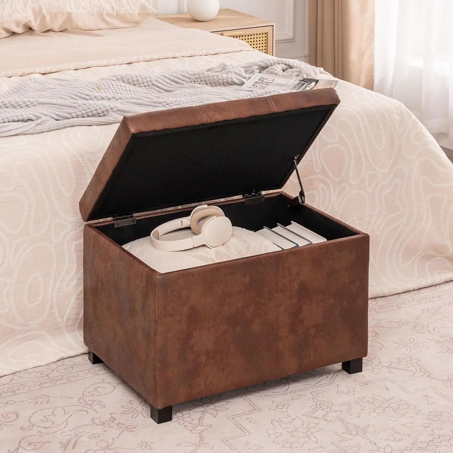Leather Storage Ottoman Bench 24 Inches Rectangular from PriceLows™