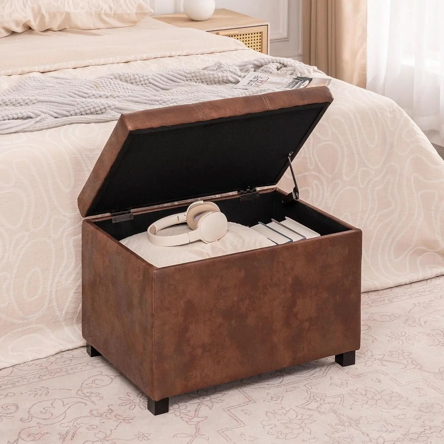 Leather Storage Ottoman Bench 24 Inches Rectangular from PriceLows™