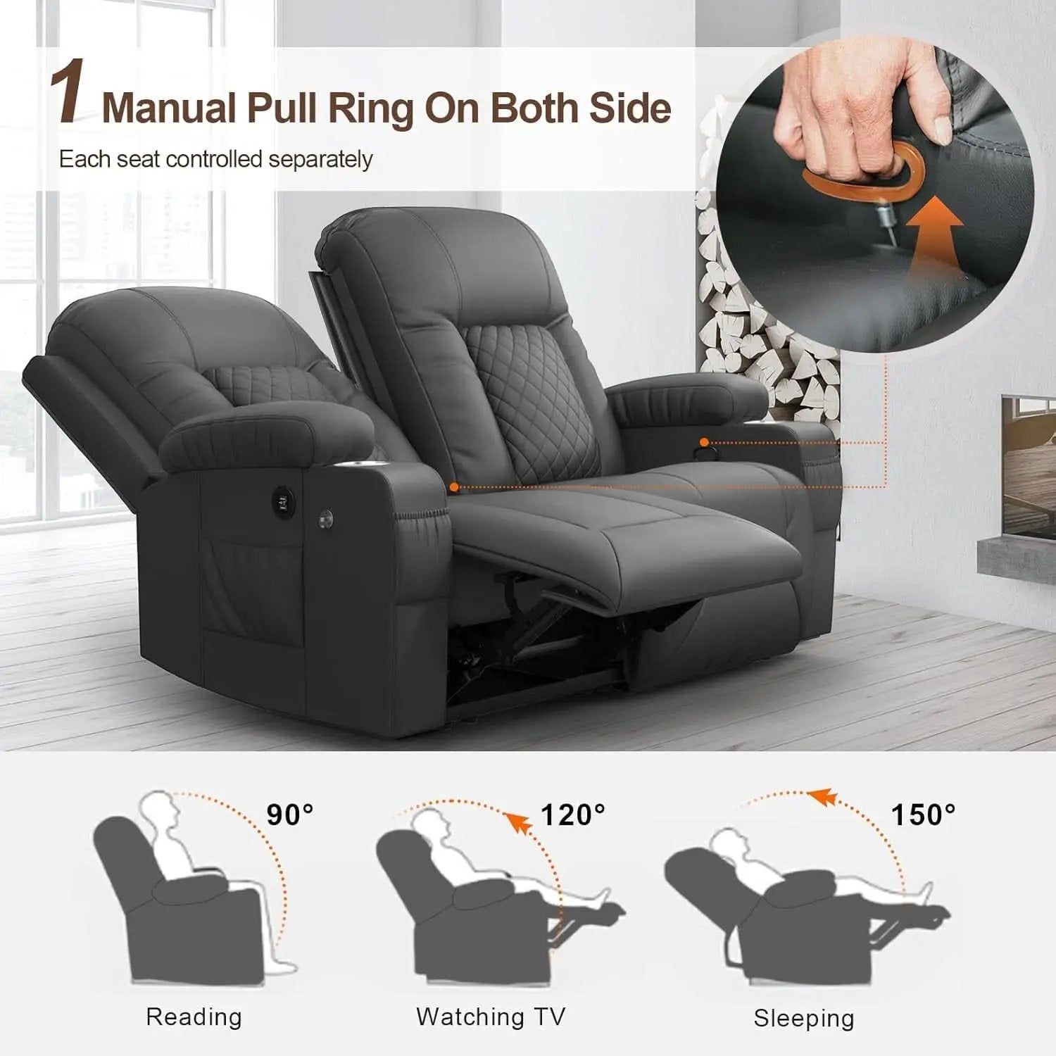 Gray PU Leather Two Seater Recliner Loveseat With USB Ports from PriceLows™