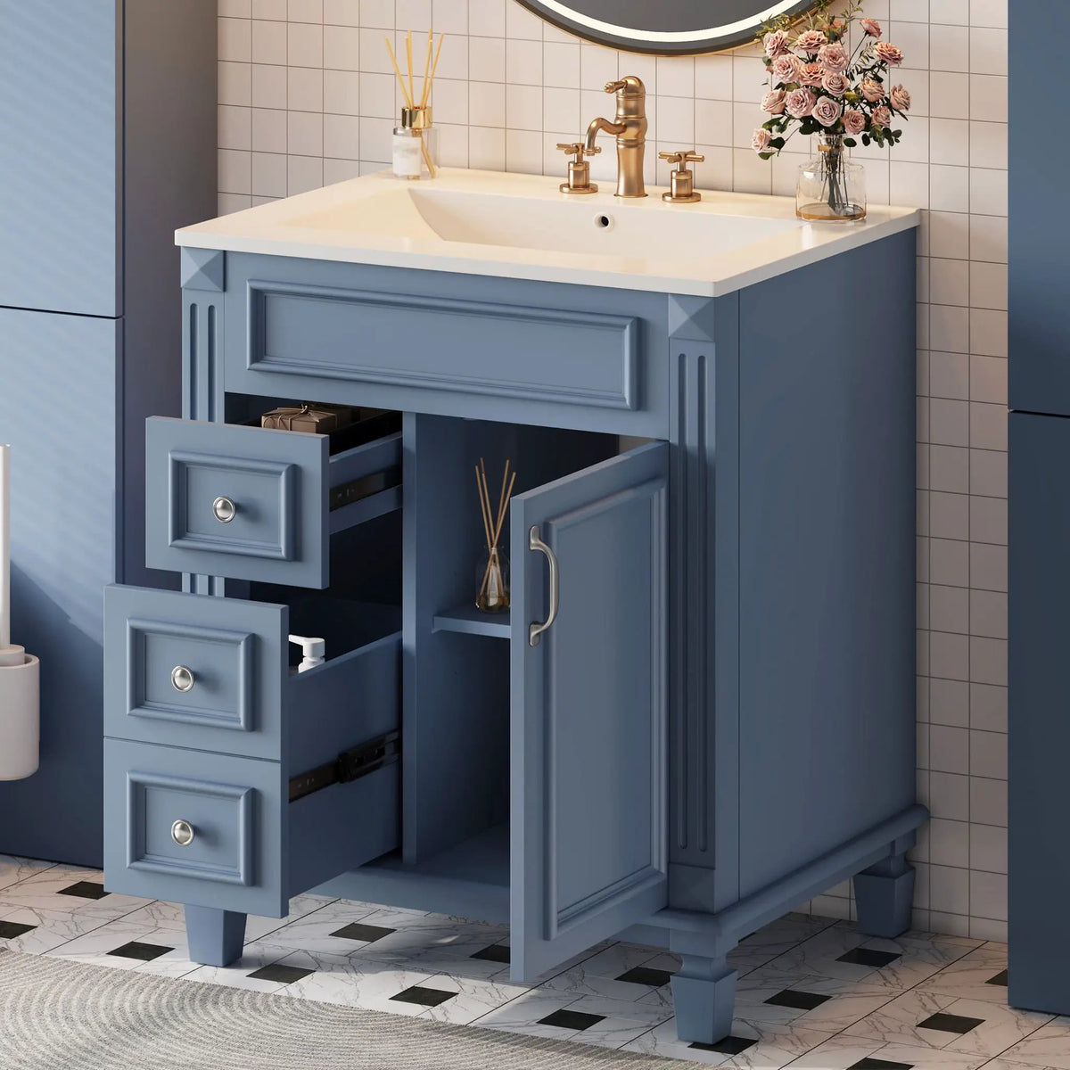 24 Inch Compact Bathroom Vanity | 2 Deep Drawers | Adjustable Shelf | Retro Button Handles