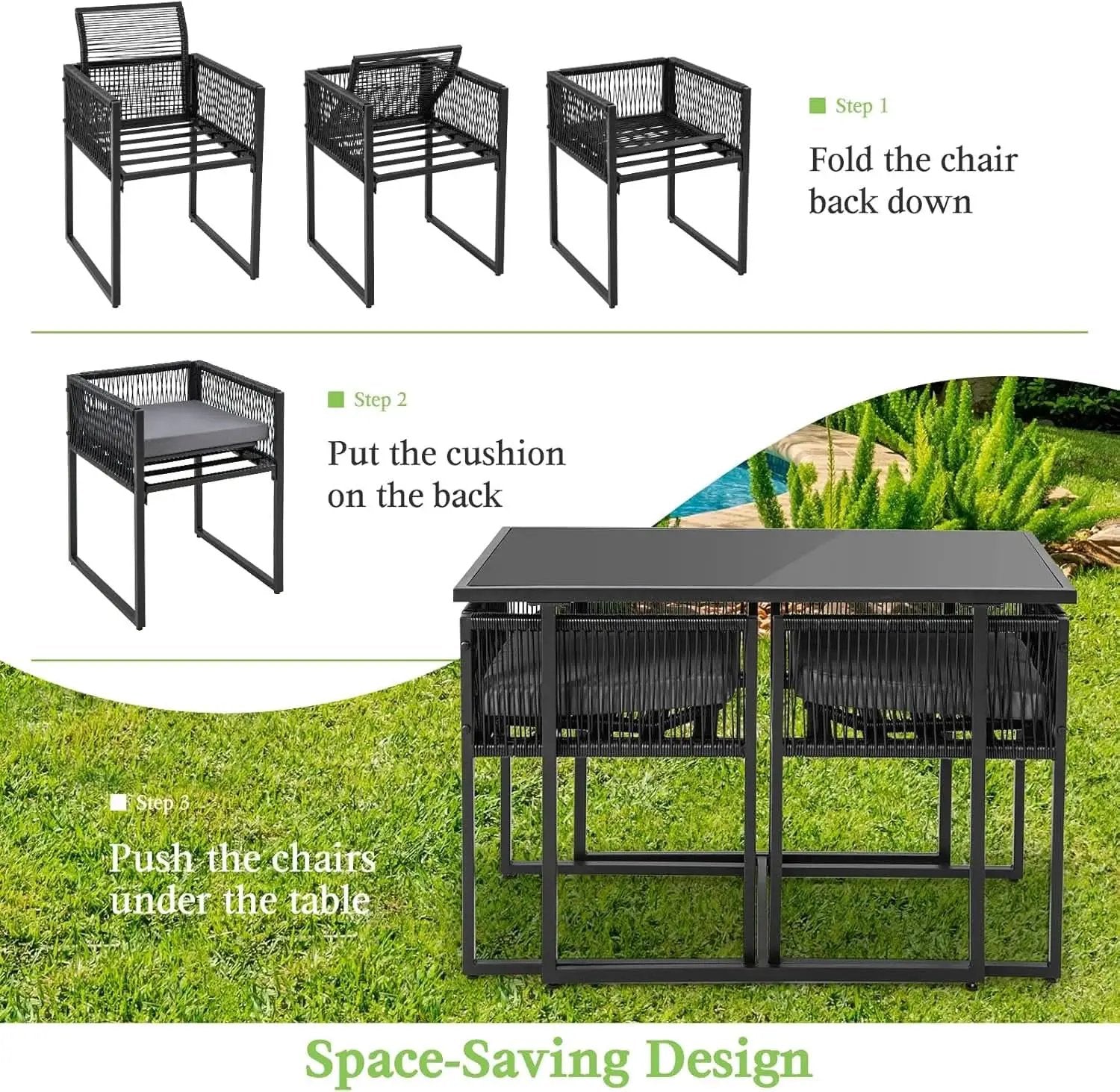 3 Piece Outdoor Dining Set With Folding Backrests And Tempered Glass Tabletop For Patio And Poolside from PriceLows™