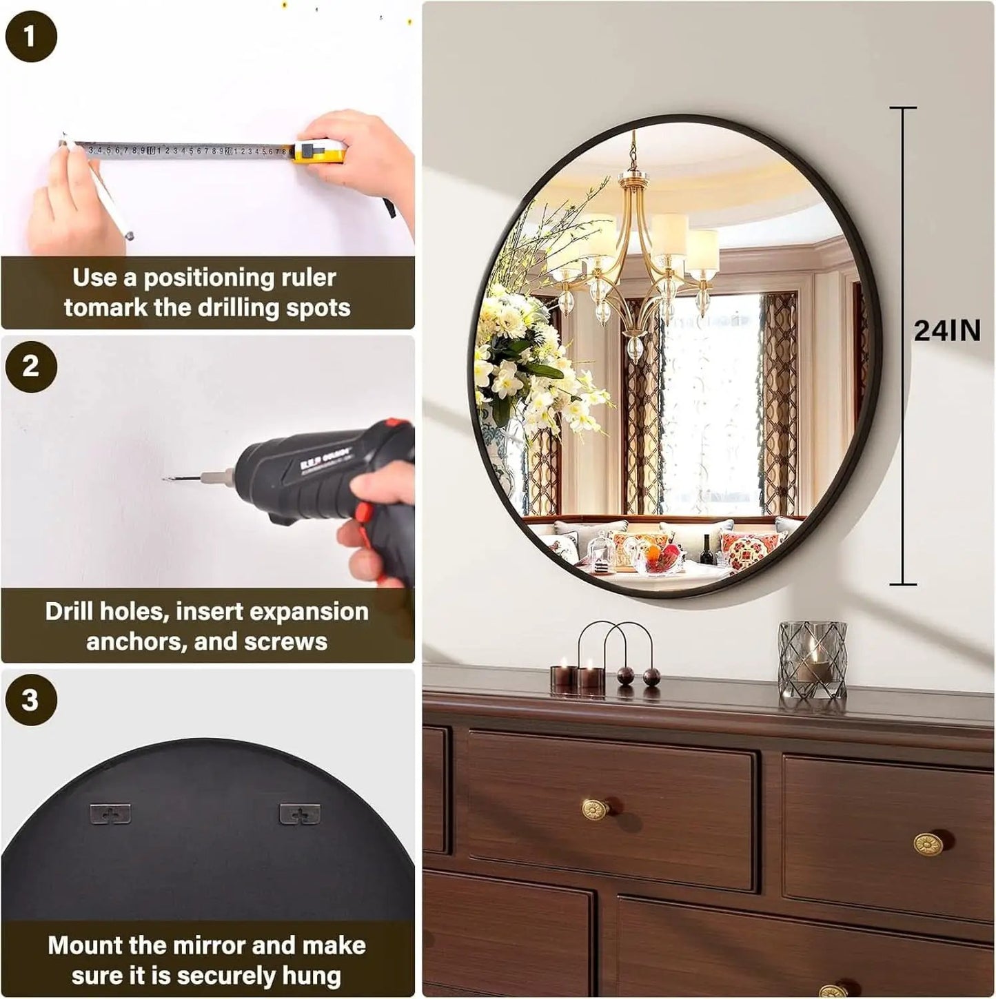 24 Inch Matte Black Round Wall Mirror For Bathroom Vanity And Living Room Decor from PriceLows™