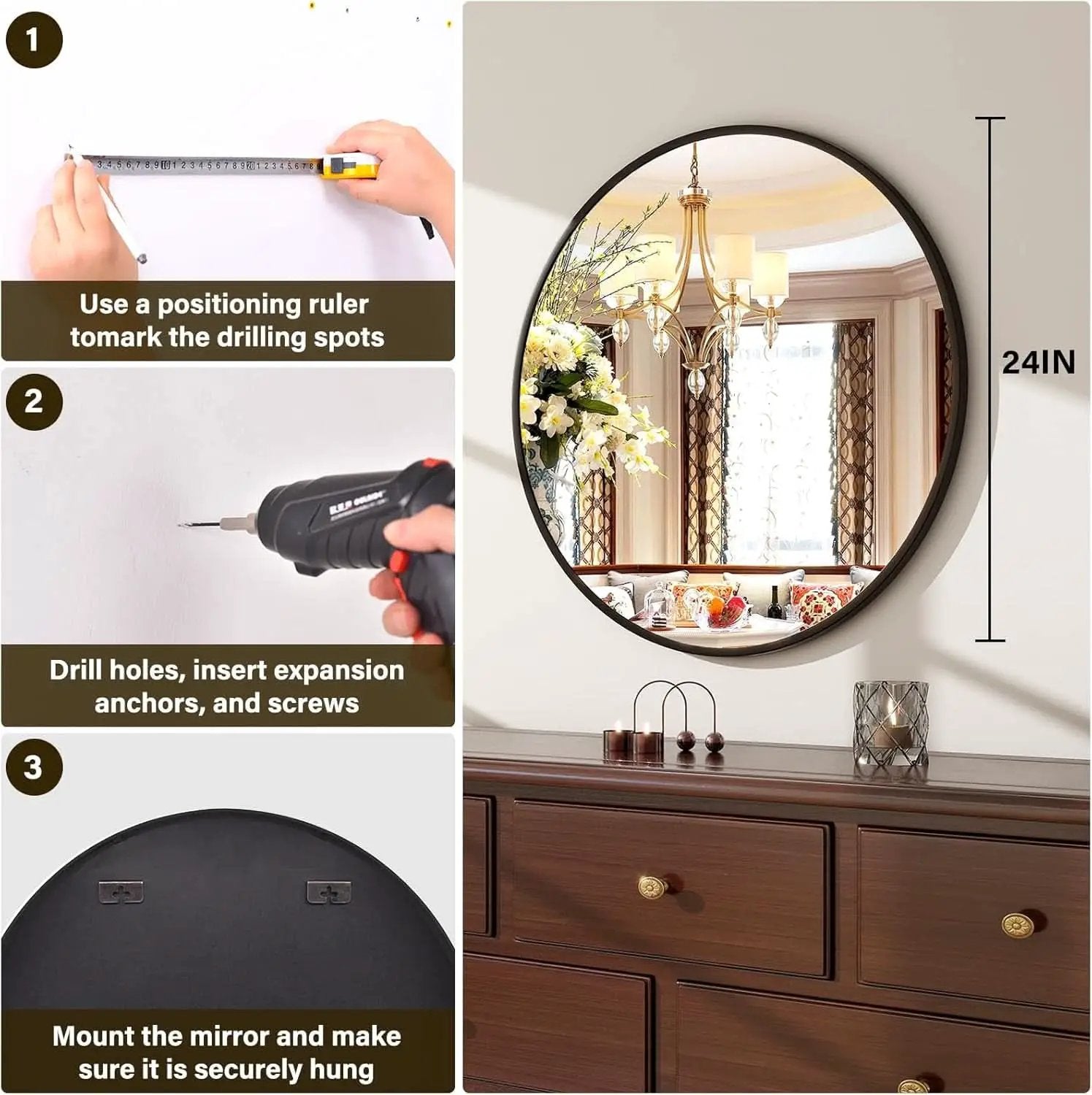 24 Inch Matte Black Round Wall Mirror For Bathroom Vanity And Living Room Decor from PriceLows™