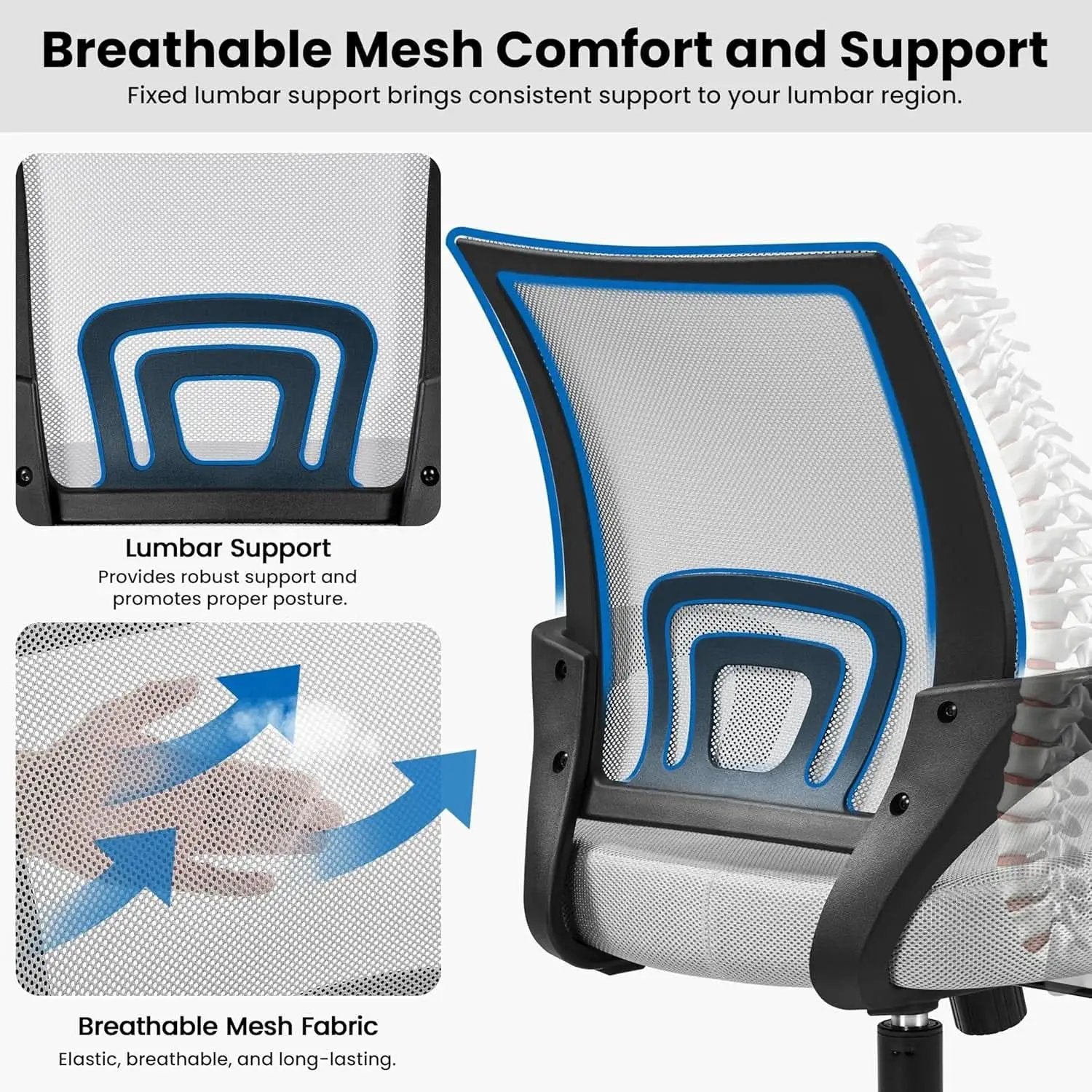 Ergonomic Mesh Office Chair With Lumbar Support Grey from PriceLows™