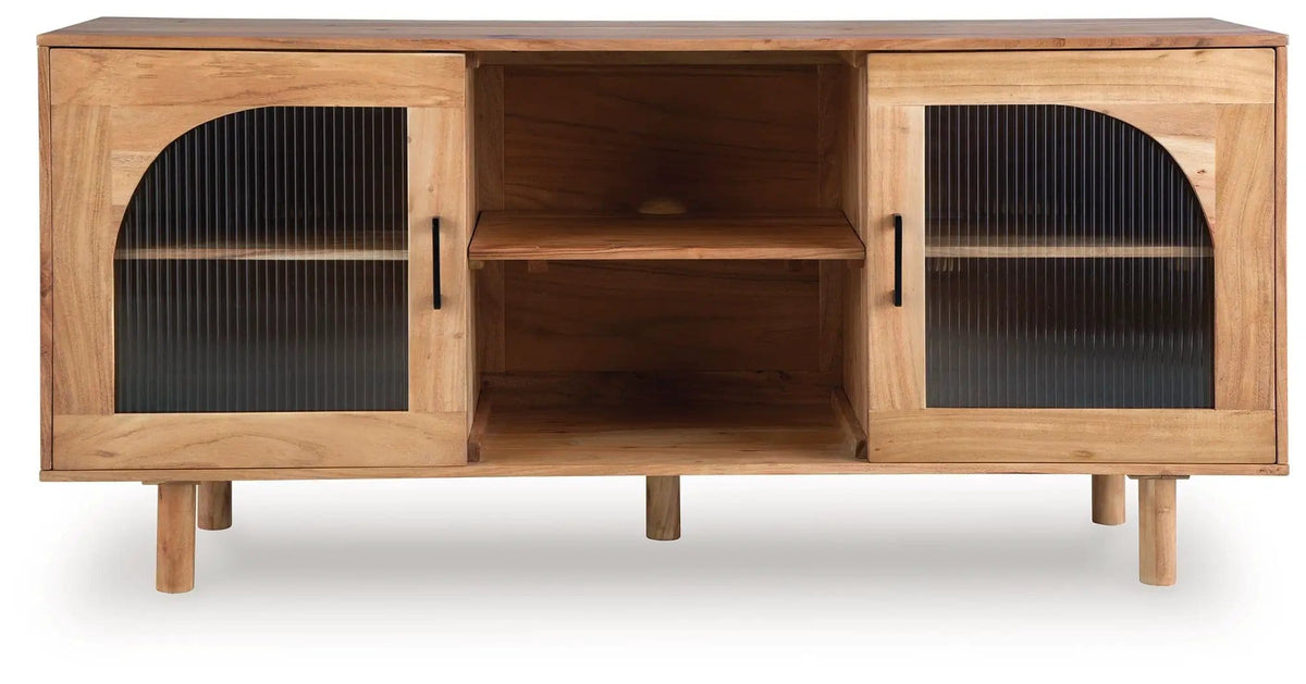 Adway Accent Cabinet | 64.13 x 16.13 x 29.88 in | Acacia Wood & Glass | Natural Brown
