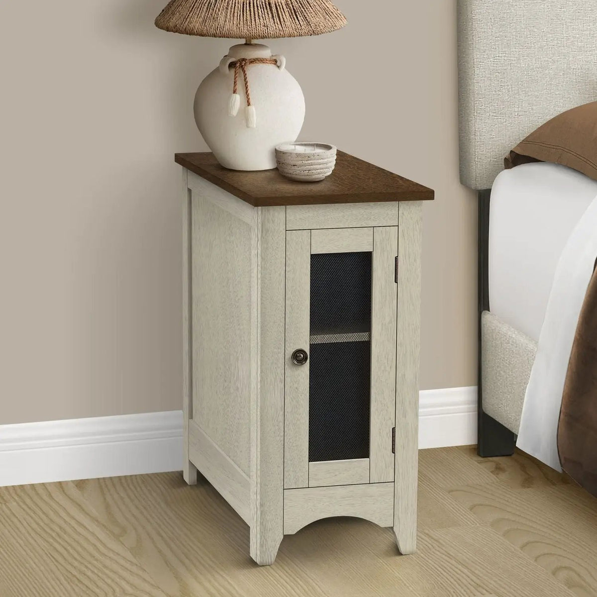 Narrow Accent End Table | Transitional Style | Closed Cabinet | Round Metal Knob