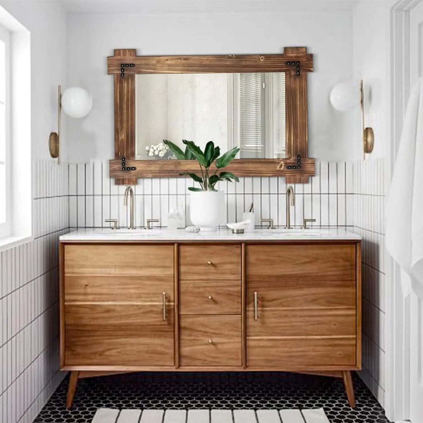 20x30 Rustic Wood Mirror For Bath With Black Metal Accents from PriceLows™