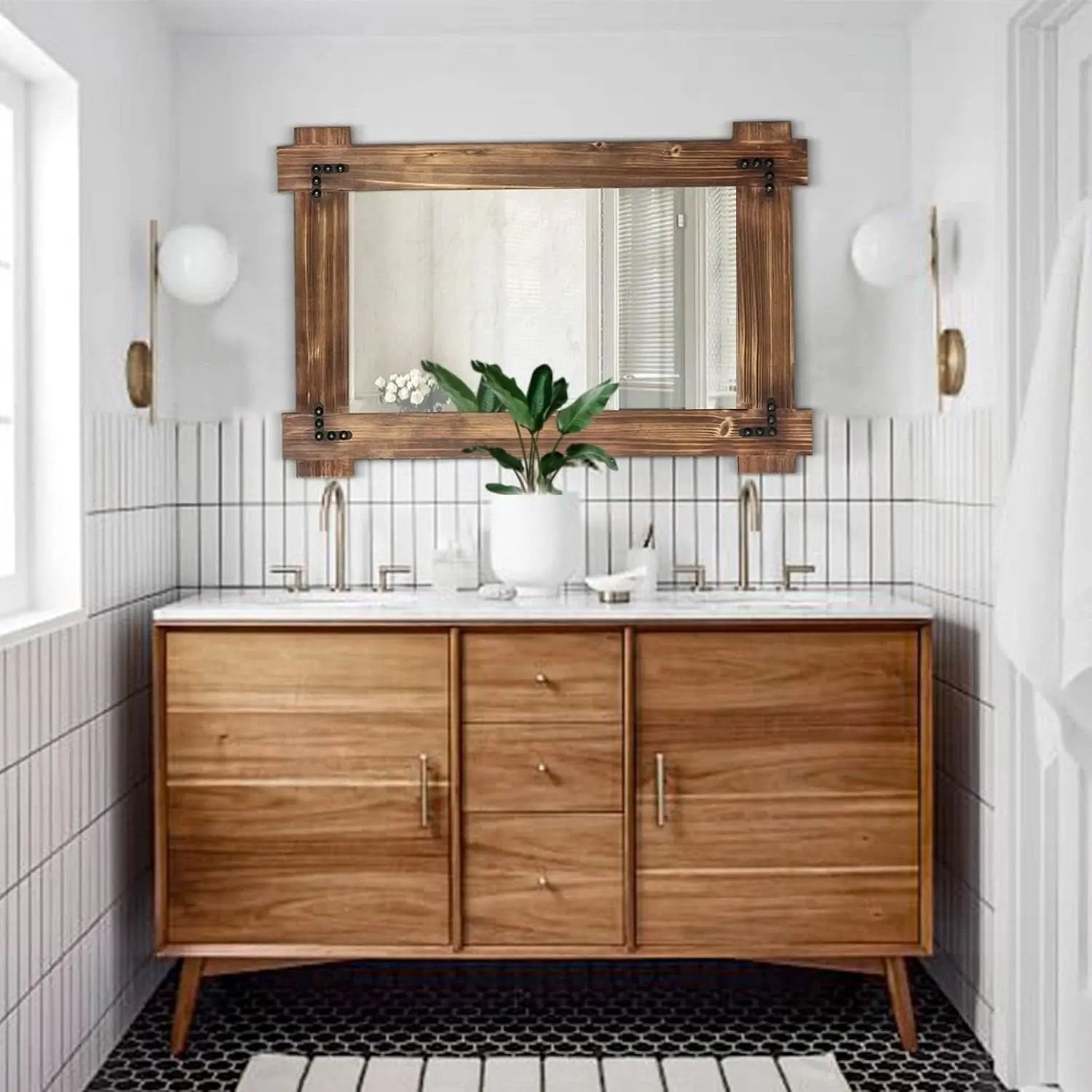 20x30 Rustic Wood Mirror For Bath With Black Metal Accents from PriceLows™