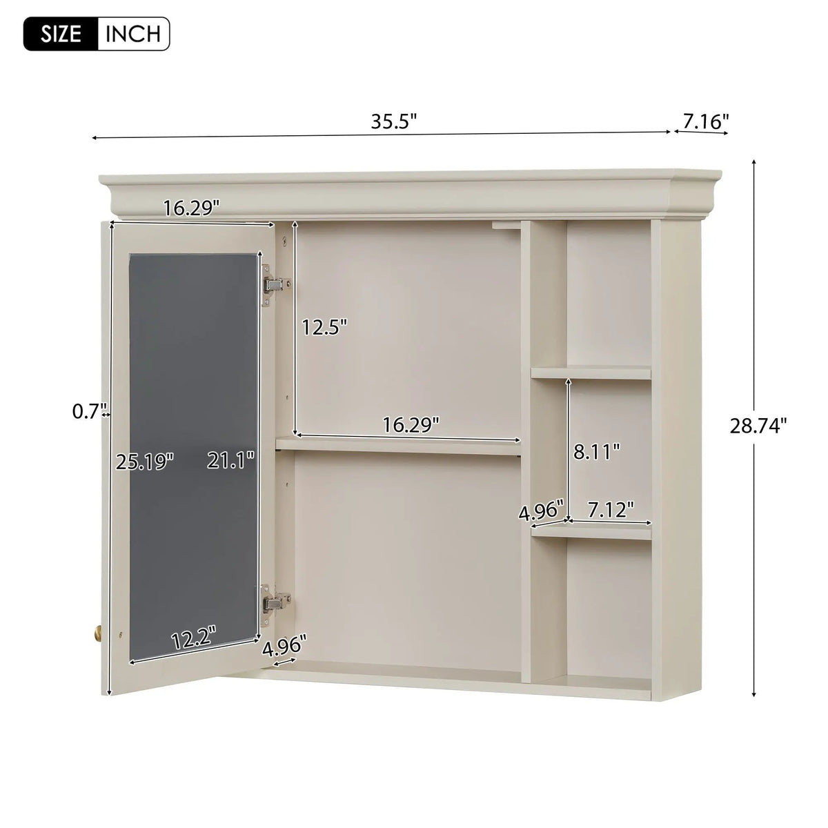 Wall Mounted Bathroom Storage Cabinet | Mirror Door | Silver Metal Handles | Open Shelves