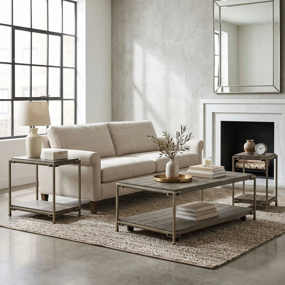 Corbeta 3 Piece Coffee Table Set | Metal Frame Wood Tables | 2 Chairside Tables | Aged Graphite Finish