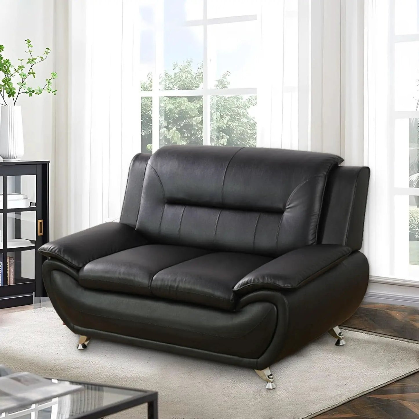 Faux Leather 3 Piece Modern Living Room Sofa Set Black from PriceLows™