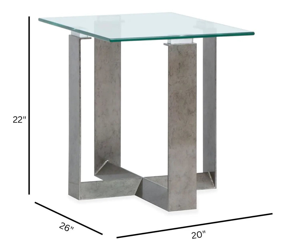 Holden Rectangular End Table | Aged Pewter Metal Frame | Tempered Glass Top | Triangular Base