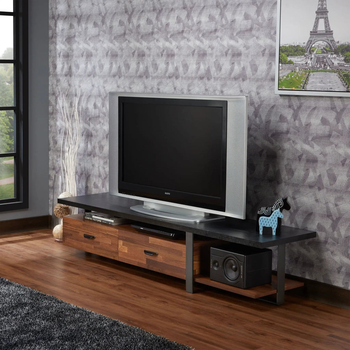 Elling TV Stand | Walnut And Black | Fits TVs Up To 55 Inch | Ball-Bearing Drawer Glides
