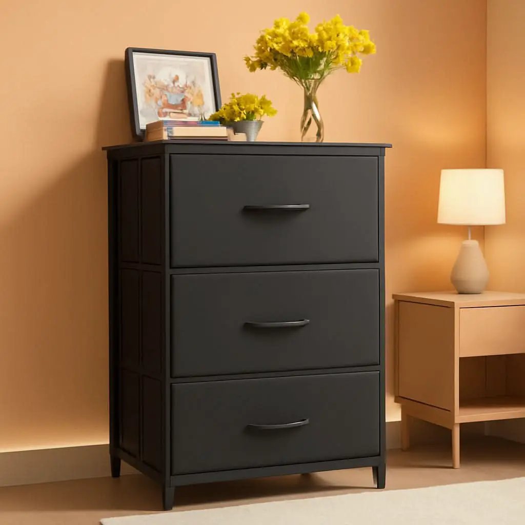 Black 3 Drawer Dresser Nightstand For Bedroom Compact from PriceLows™
