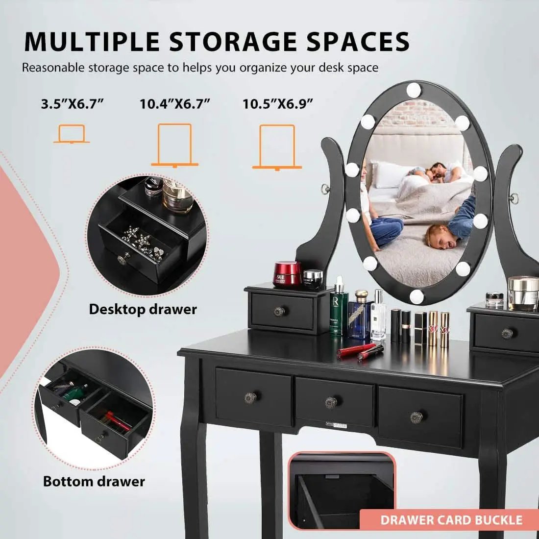 Three Color Dimmable LED Lighted Vanity Mirror Set With Built In Storage For Makeup Station from PriceLows™