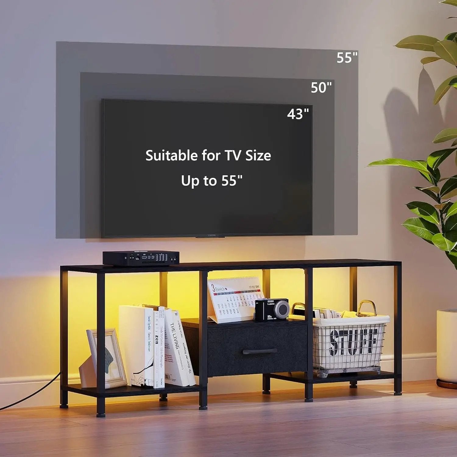 LED TV Stand For 55 Inch TVs With Open Shelves Black from PriceLows™