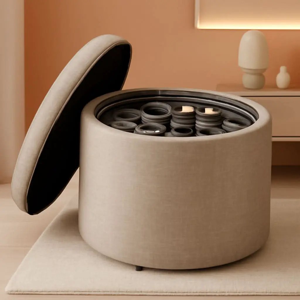 Round Shoe Ottoman Tan Fabric 12 Compartment Storage from PriceLows™