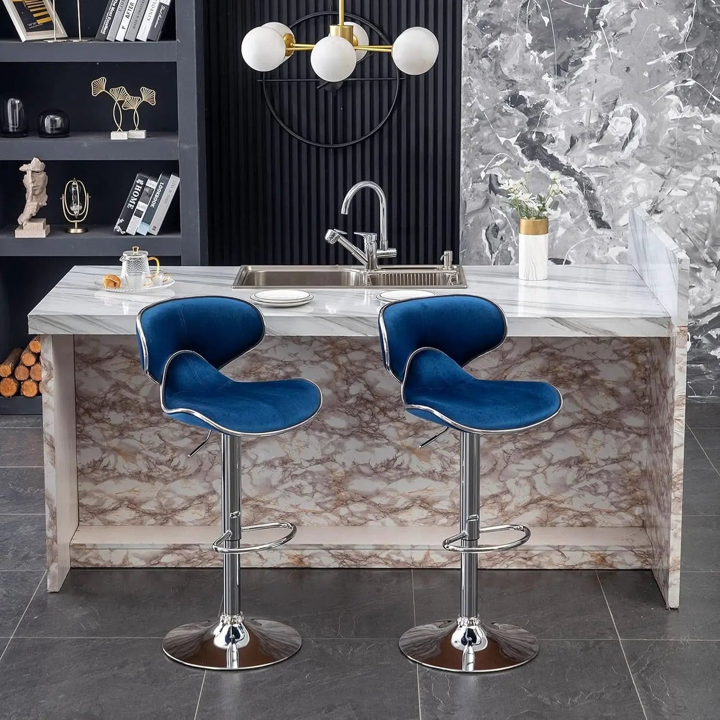 Blue Velvet Upholstered Adjustable Swivel Barstool Set Of 2 from PriceLows™