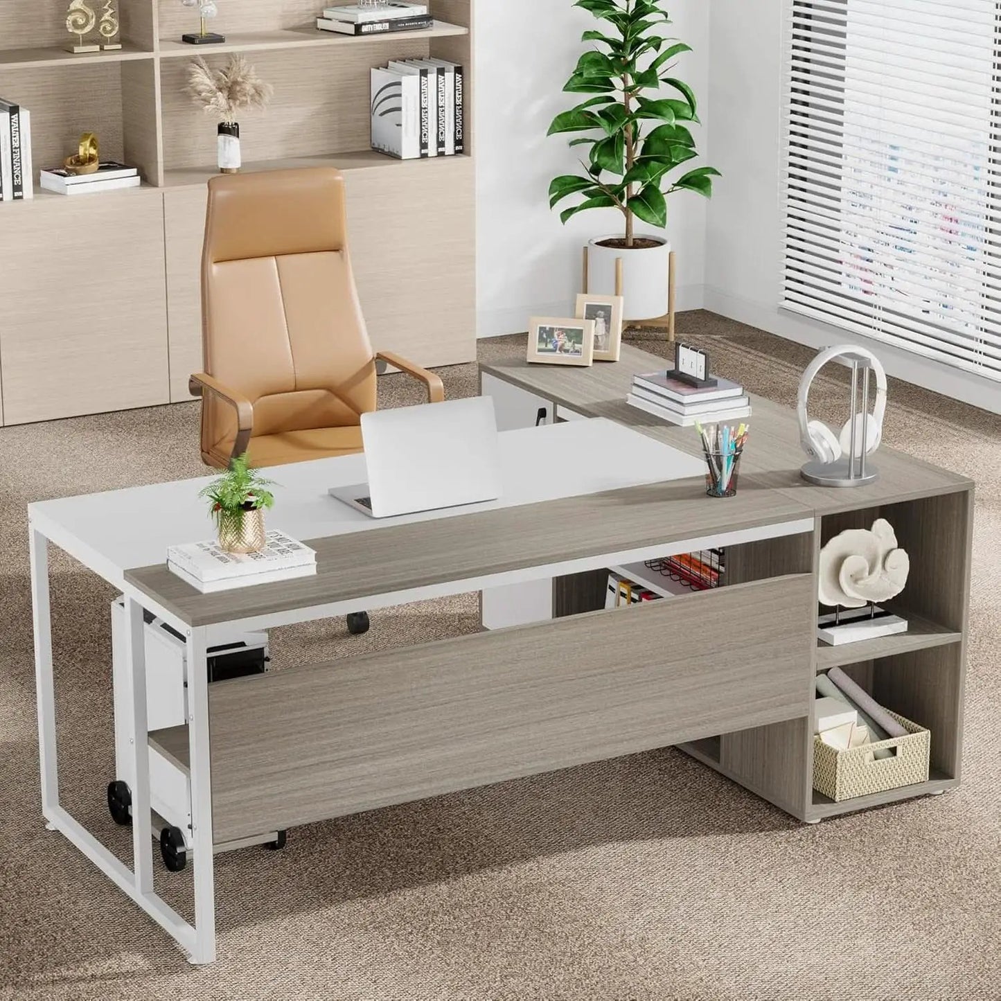 71 Inch Executive L Shaped Desk Cabinets Gray And White from PriceLows™