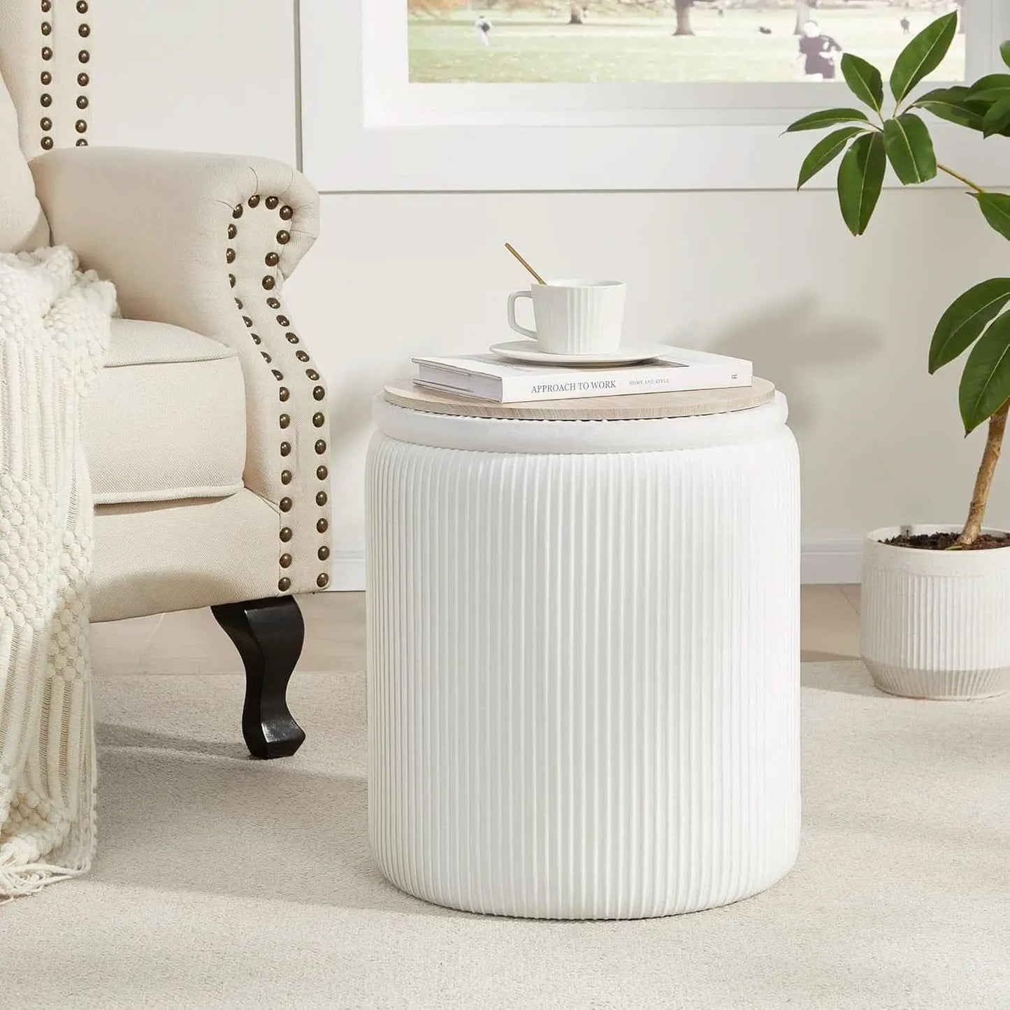 Compact Round Velvet Storage Ottoman TwoPack White from PriceLows™