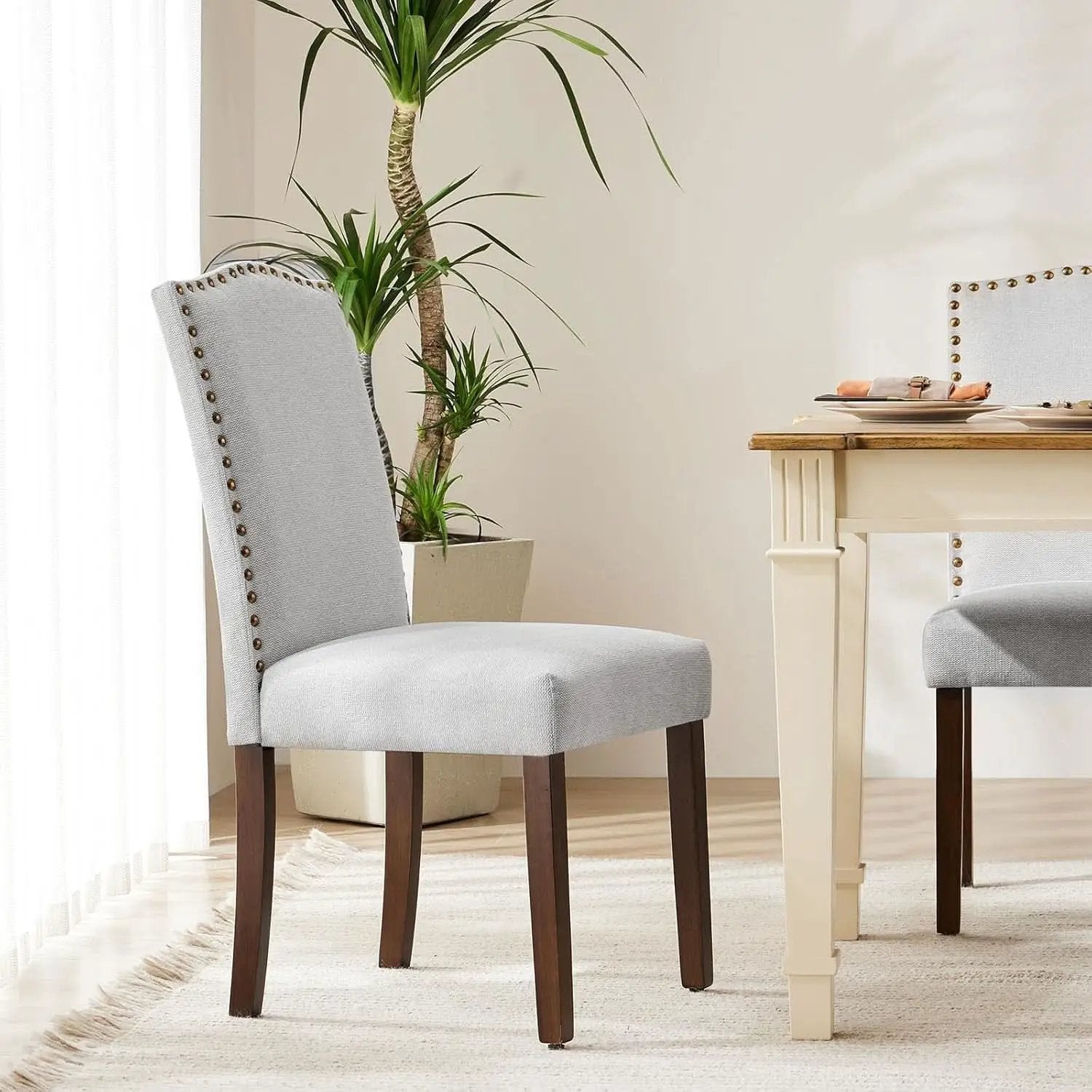 Nailhead Trim Fabric Dining Chairs Light Grey Six Pack from PriceLows™