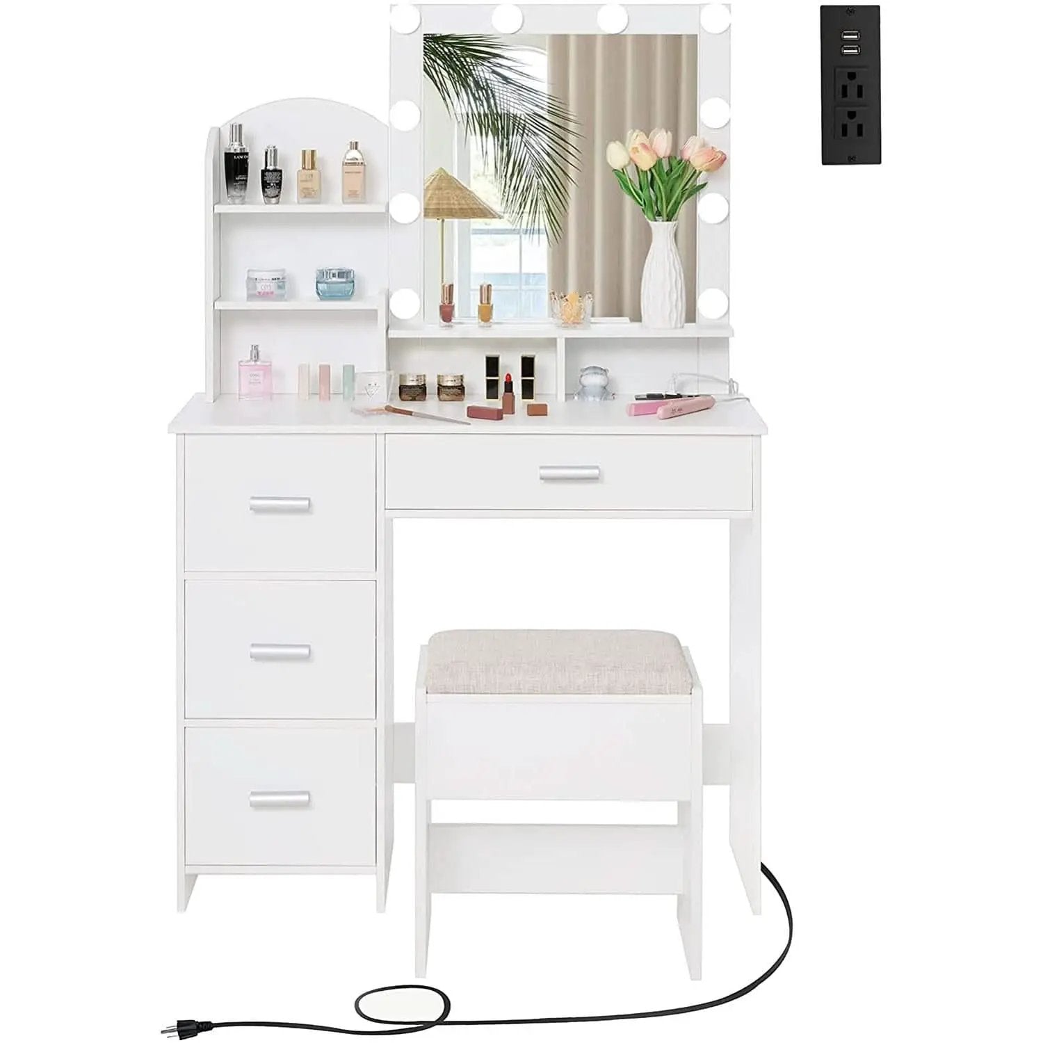 White Vanity Desk With Lighted Mirror And Charging Station from PriceLows™