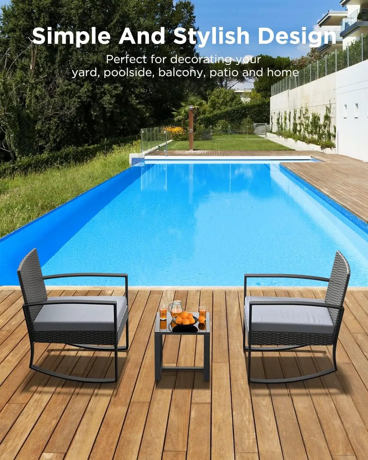 3 Piece Rattan Rocking Bistro Set With Coffee Table Outdoor Patio Furniture Grey Cushions from PriceLows™