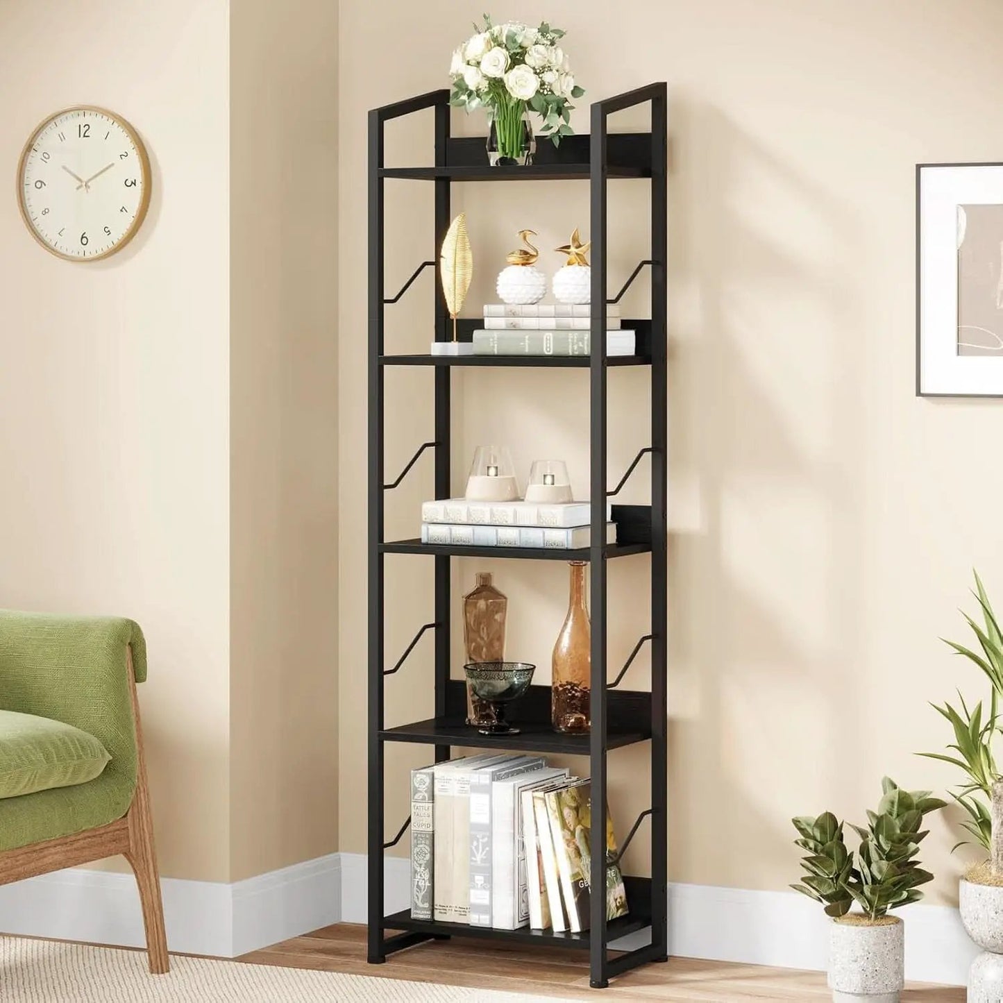 5 Tier Narrow Bookshelf With Edge Protection Bookcase from PriceLows™