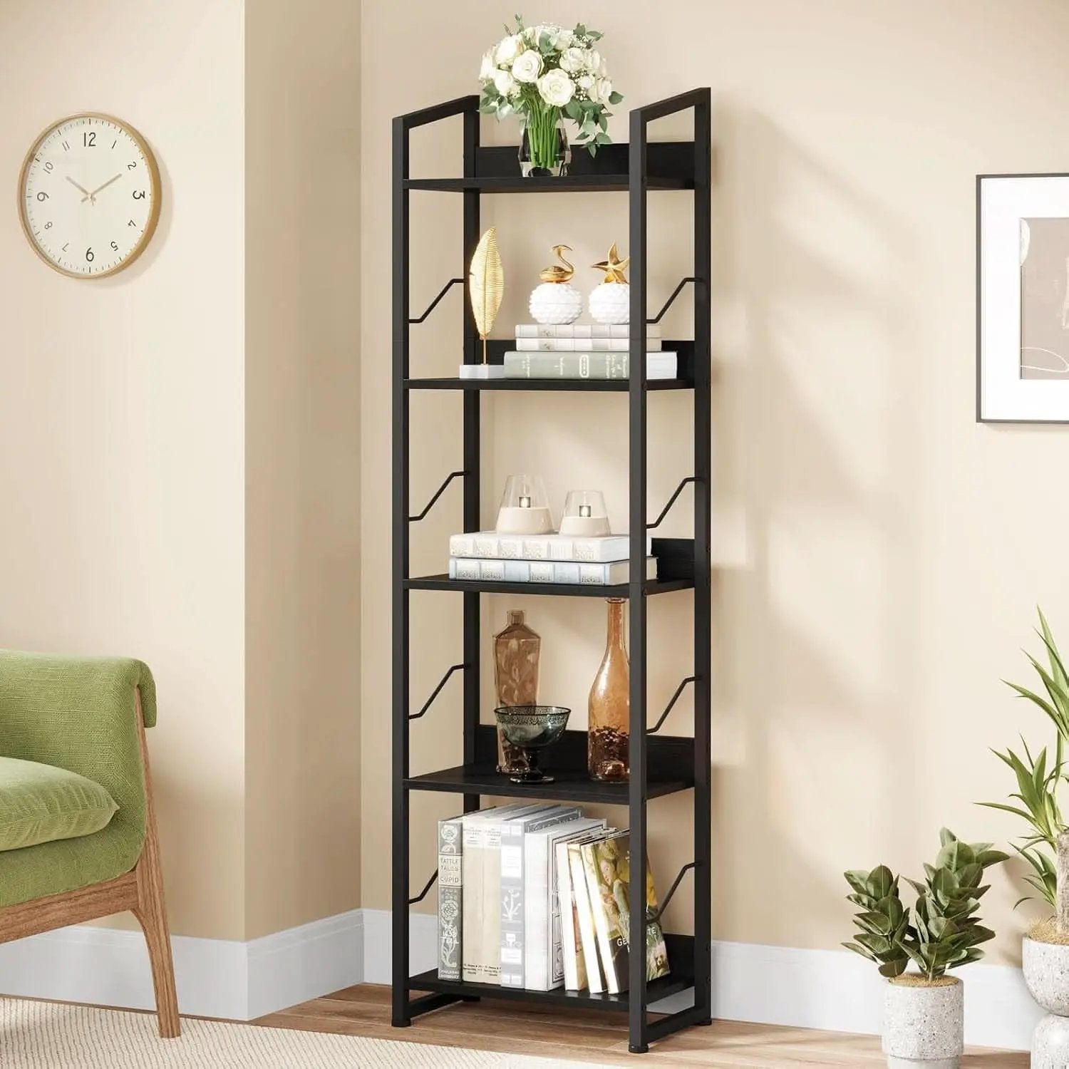 5 Tier Narrow Bookshelf With Edge Protection Bookcase from PriceLows™