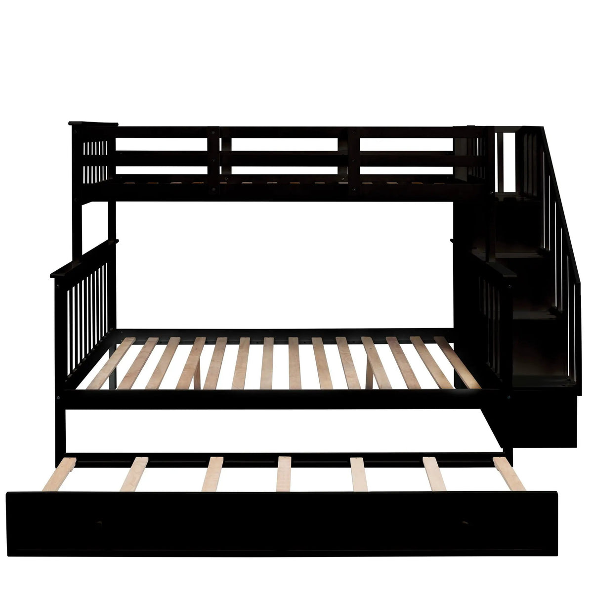 Twin Bunk Bed With Trundle | Hidden Stair Storage | Guard Rail | Bedroom Furniture