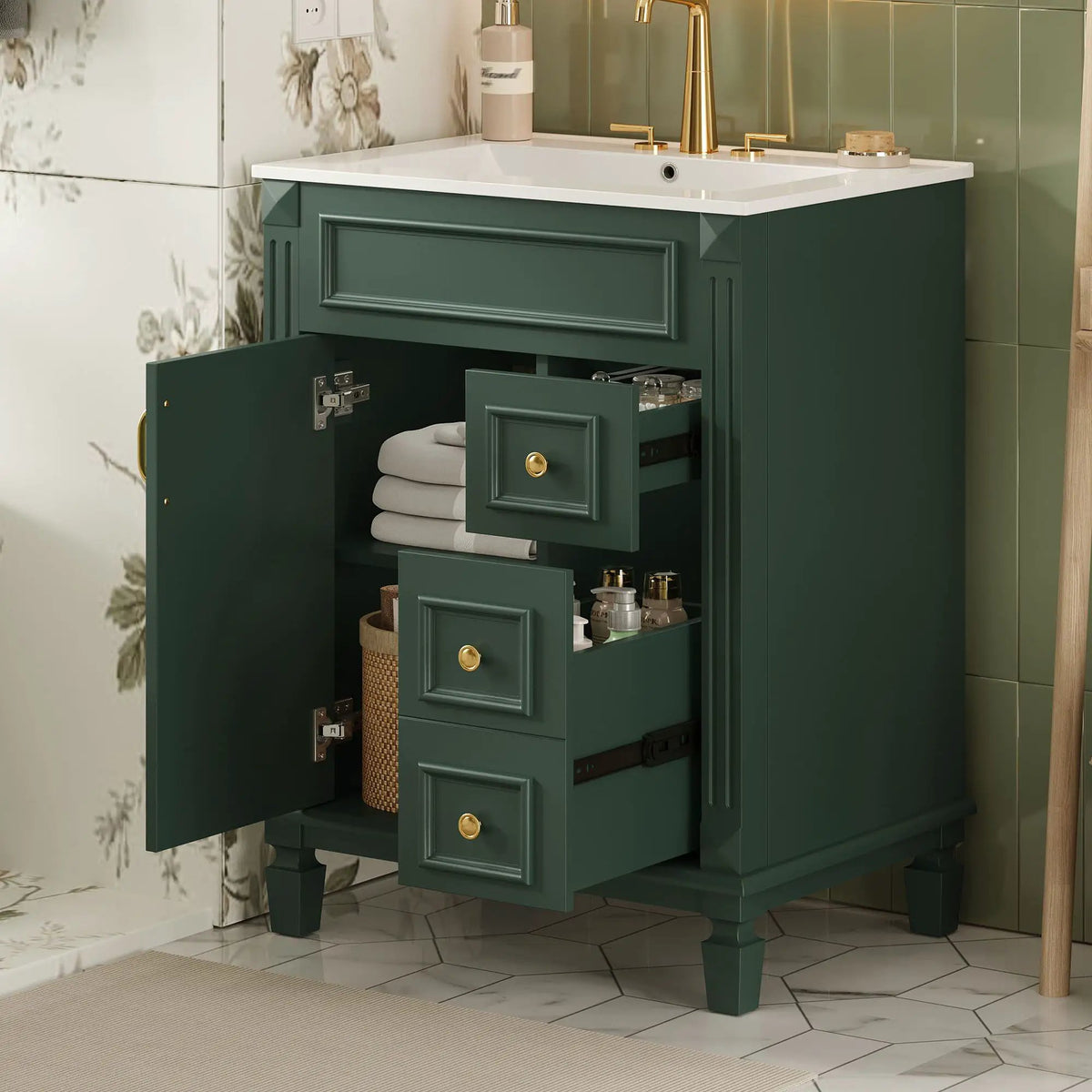 24 Inch Compact Bathroom Vanity | 2 Deep Drawers | Adjustable Shelf | Retro Button Handles