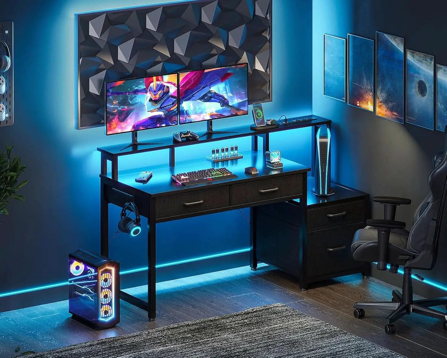 48-Inch Black Gaming Desk With LED Lights And Power Outlets from PriceLows™