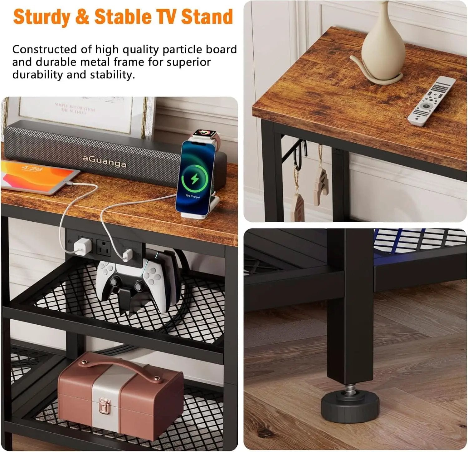 Rustic Brown TV Stand With Power Outlets For 55 Inch TVs from PriceLows™