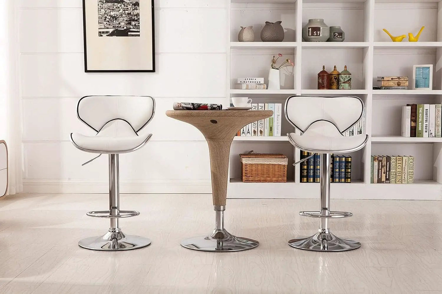 White Cushioned Leatherette Barstool Set Of 2 Adjustable Height Swivel from PriceLows™
