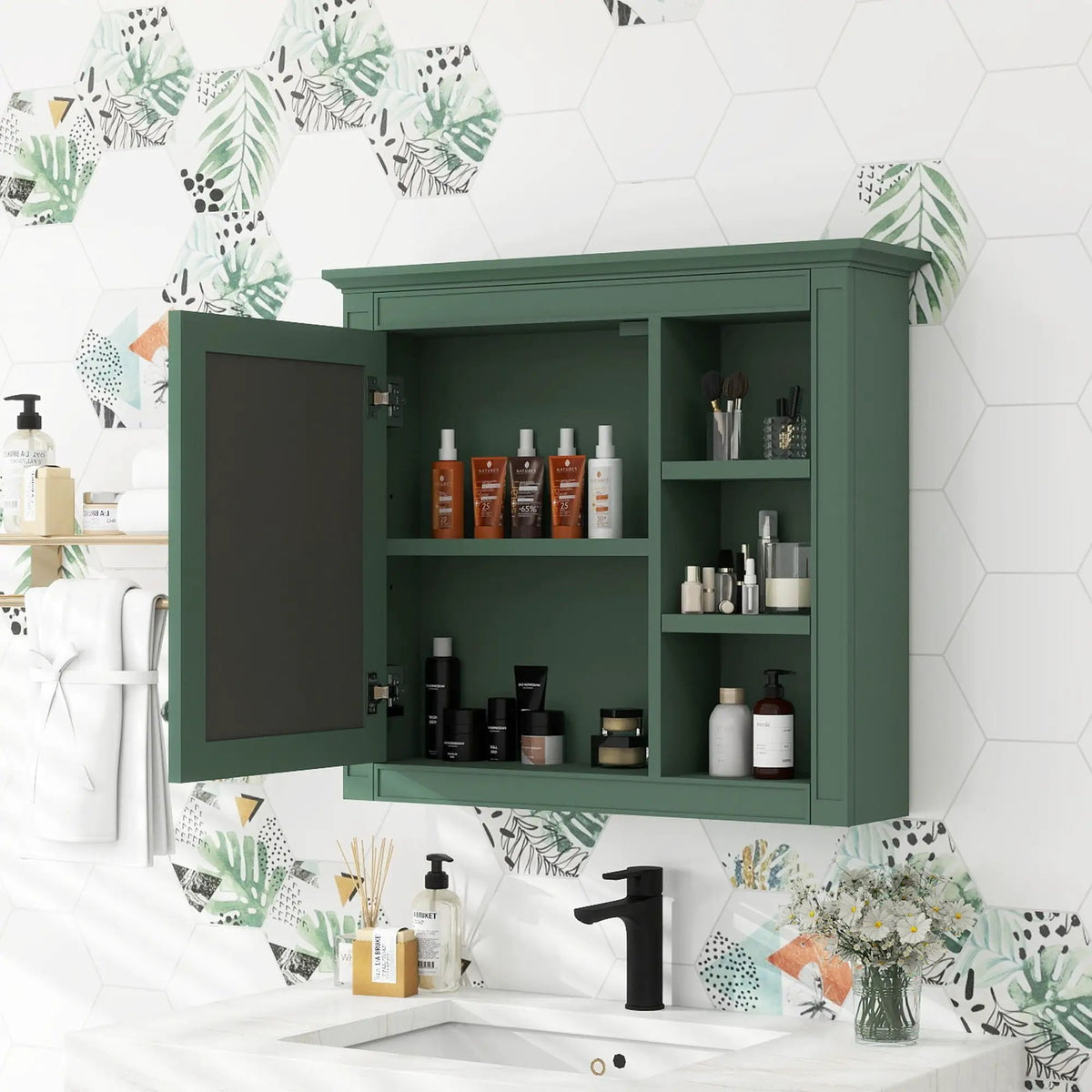 Modern Wall Mounted Medicine Cabinet | 3 Open Shelves | Mirror Door