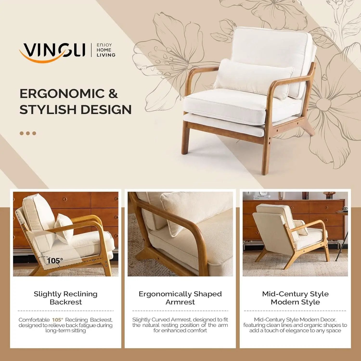 Chenille Mid Century Modern Accent Chair Set of 2 Cream from PriceLows™