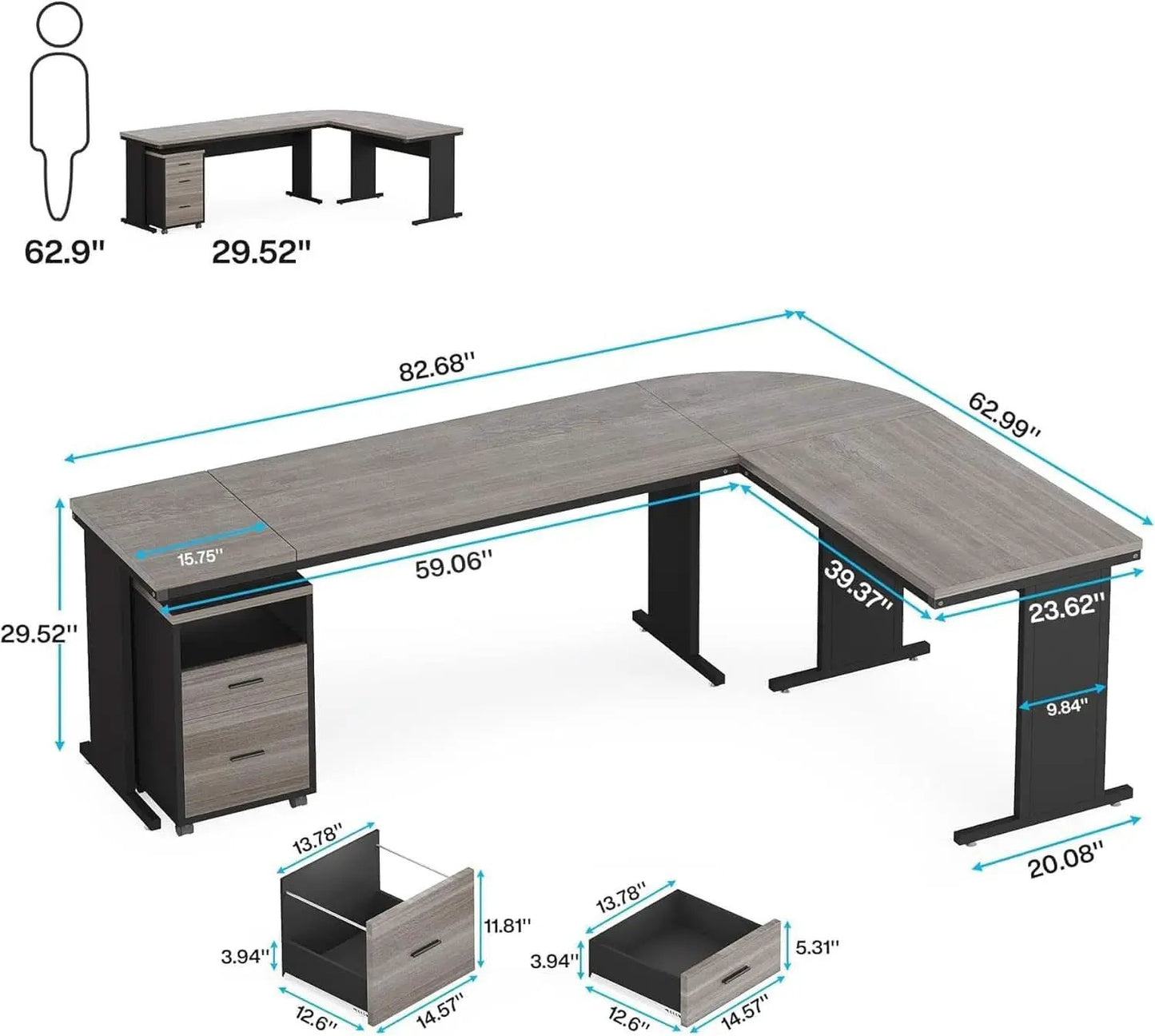 83in Gray Farmhouse L Shaped Desk With Mobile File Cabinet from PriceLows™