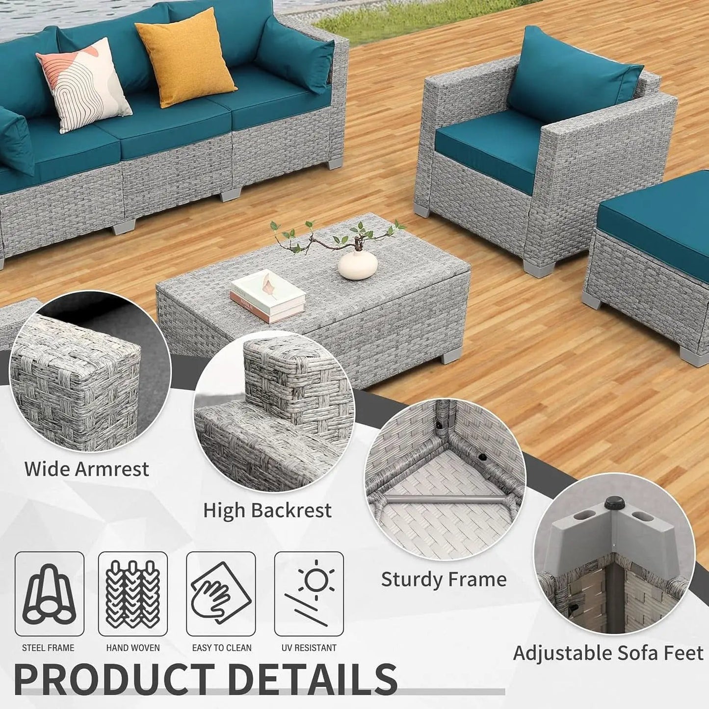 Patio Furniture Set 6 Piece Outdoor Grey Wicker With Peacock Blue Cushions from PriceLows™