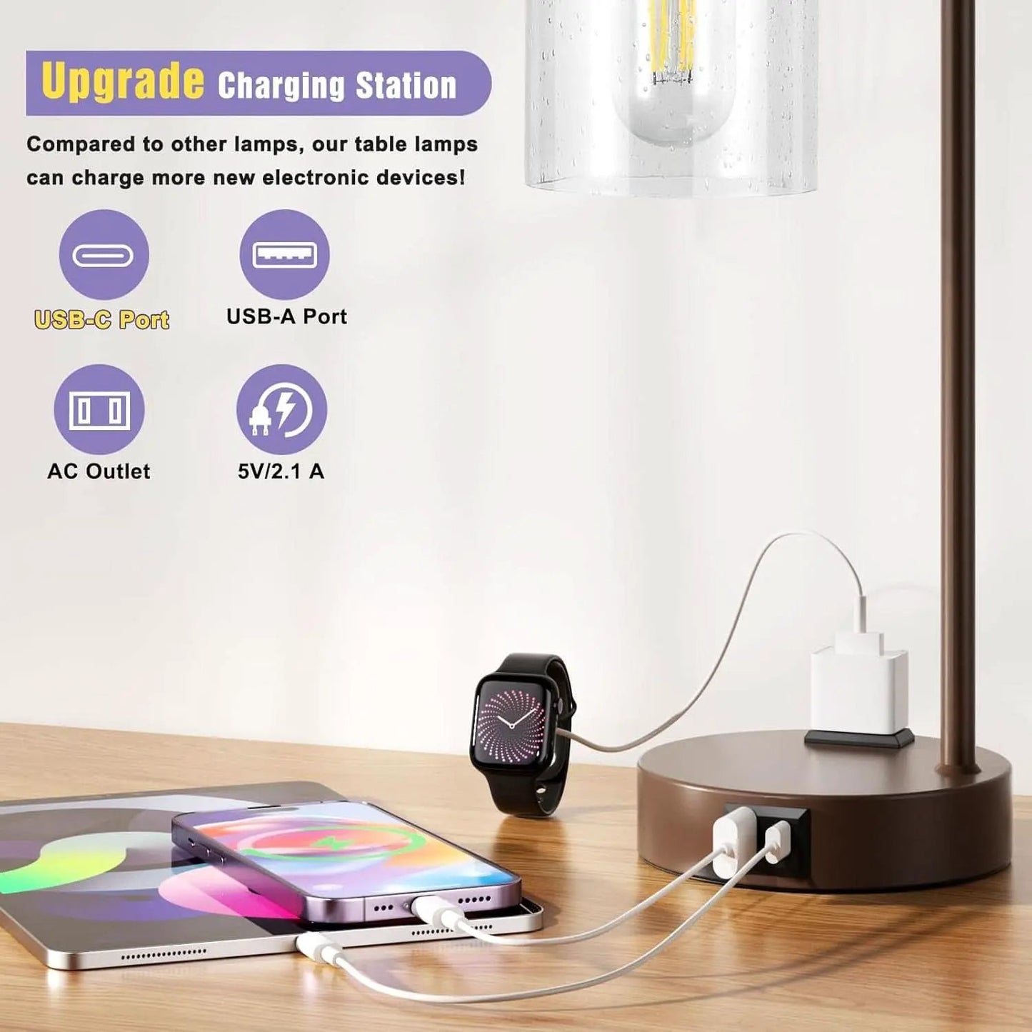 Brown Table Lamps 3-Way Dimmable With USB Ports Set Of 2 from PriceLows™