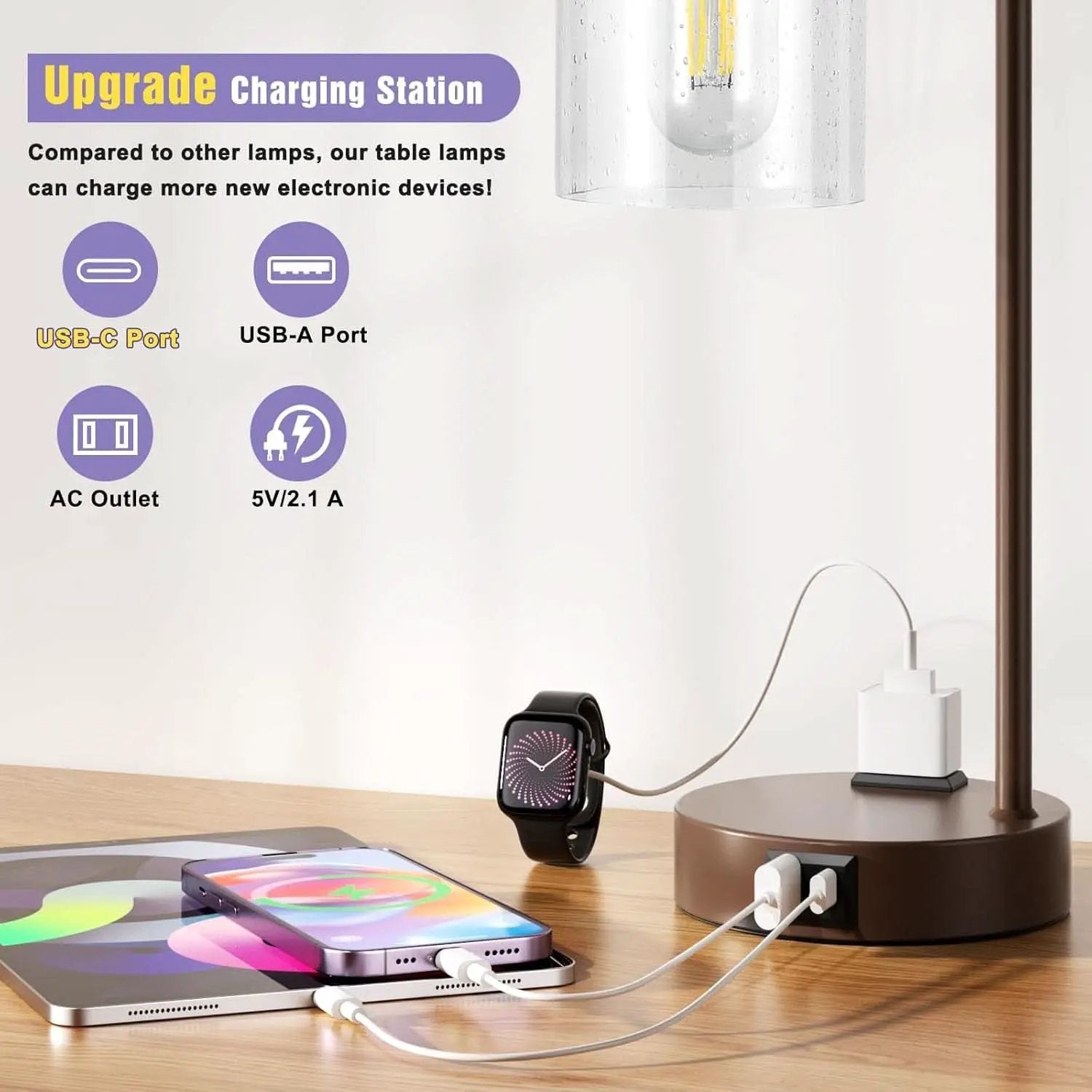 Brown Table Lamps 3-Way Dimmable With USB Ports Set Of 2 from PriceLows™