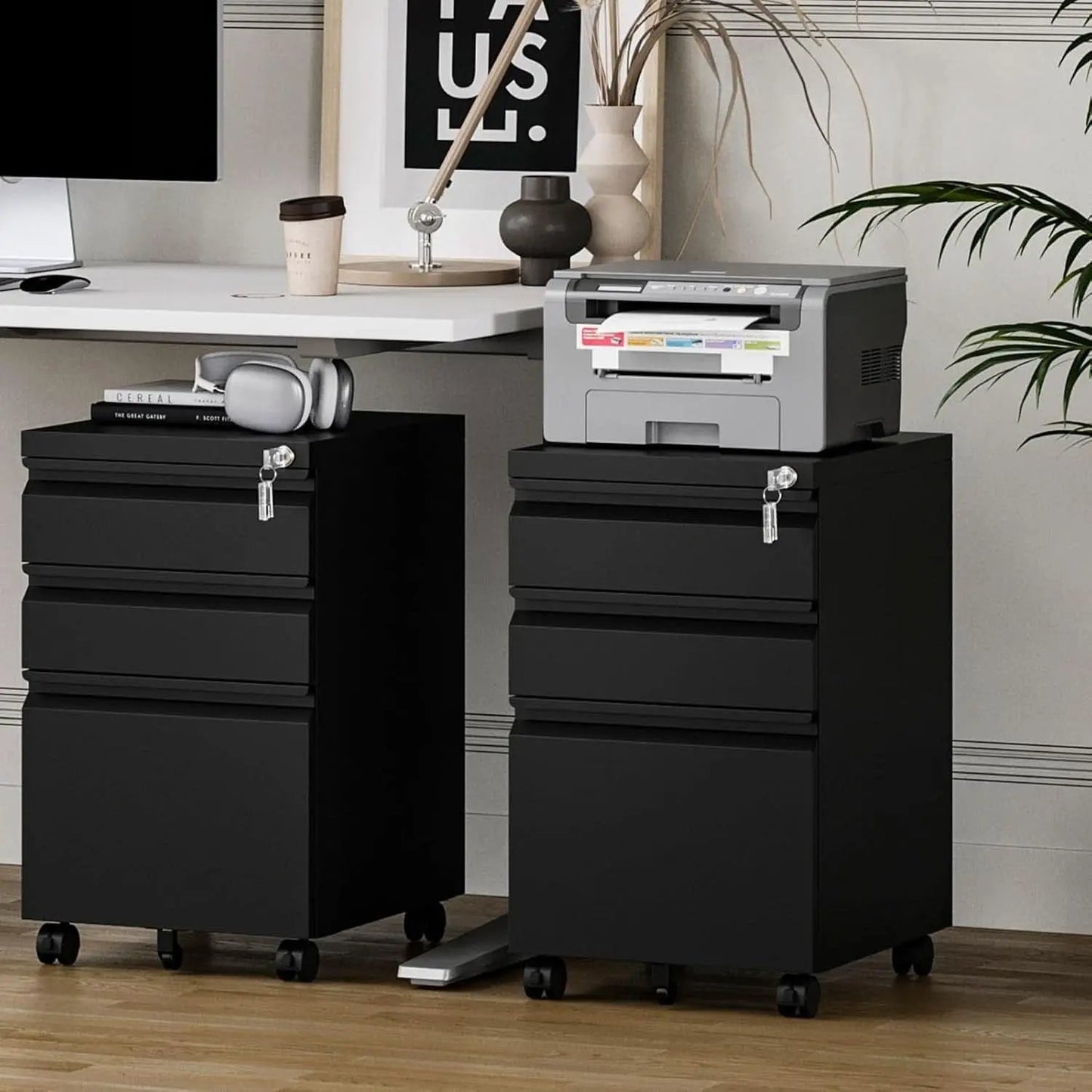 Three Drawer File Cabinet On Wheels With Lock Black Metal from PriceLows™