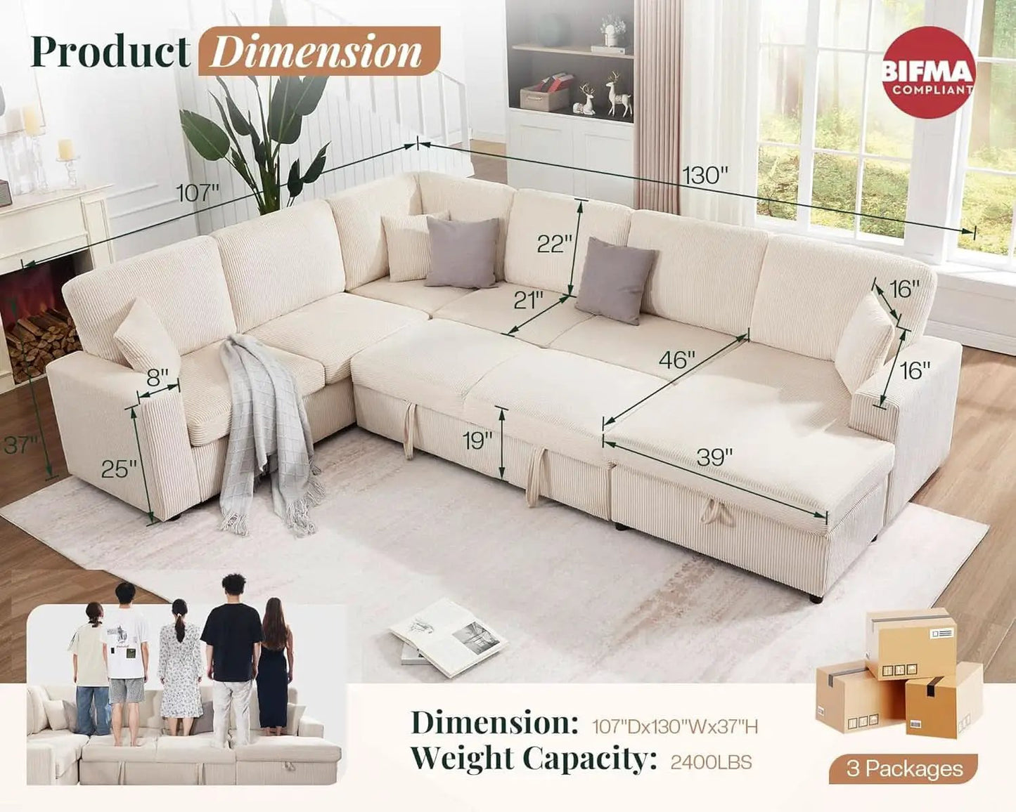 130Inch Beige Upholstered Sleeper Sofa With Storage from PriceLows™